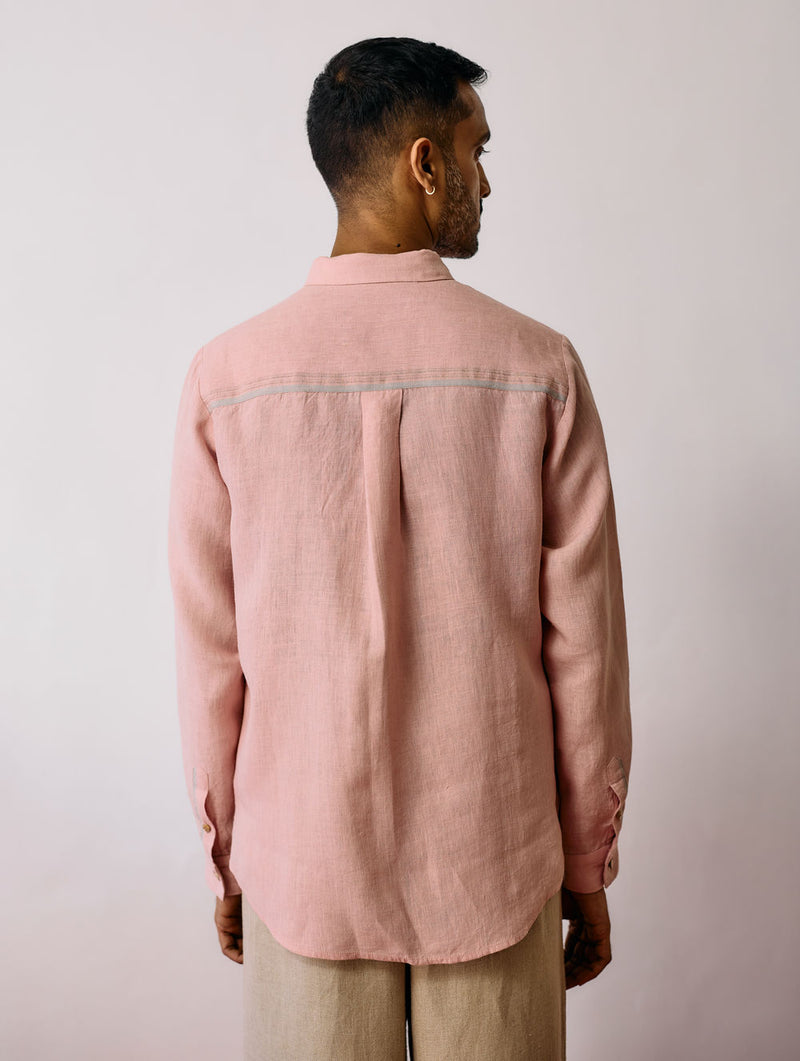 Zai Floral Hand-Embroidered Shirt-Pink linen shirt by Manan Men in pink for men Worldwide