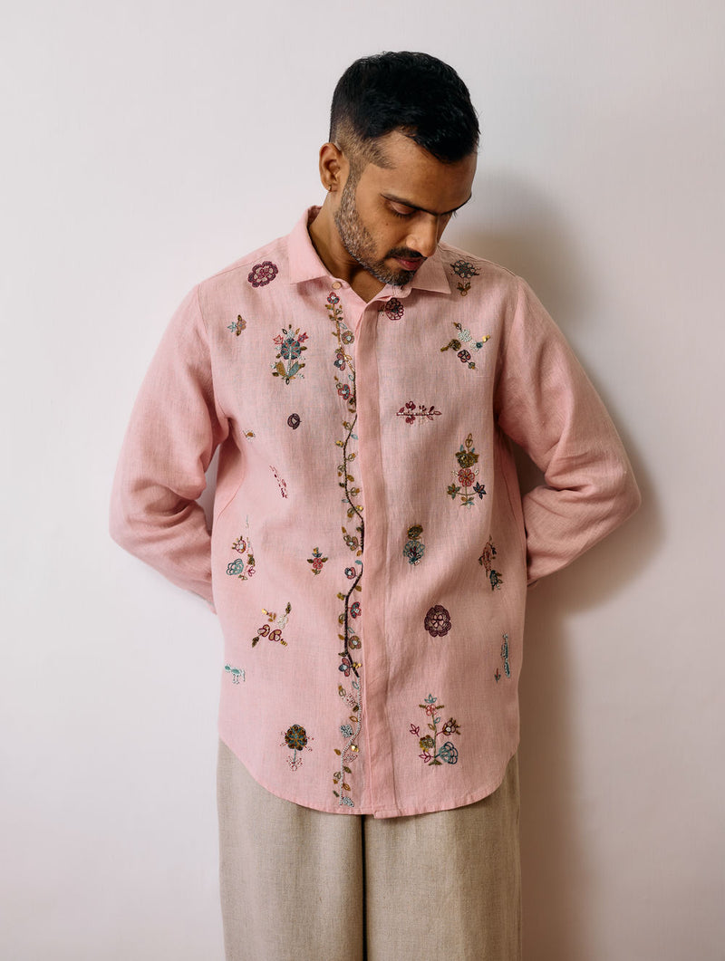 Zai Floral Hand-Embroidered Shirt-Pink linen shirt by Manan Men in pink for men Worldwide