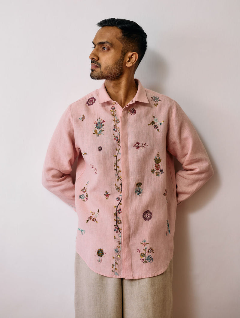 Zai Floral Hand-Embroidered Shirt-Pink linen shirt by Manan Men in pink for men Worldwide