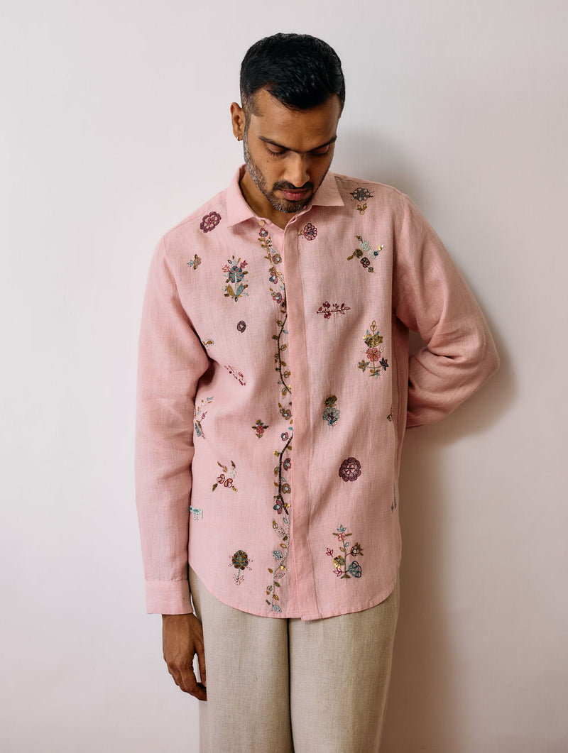 Zai Floral Hand-Embroidered Shirt-Pink linen shirt by Manan Men in pink for men Worldwide