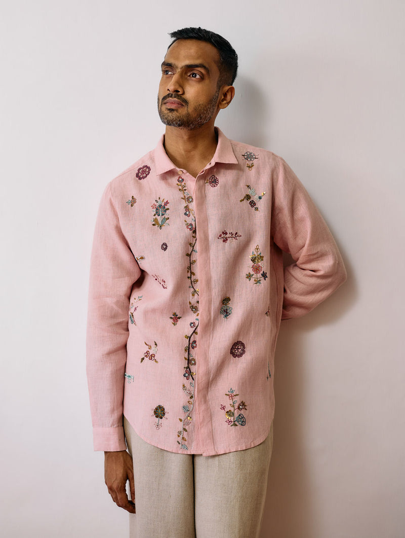 Zai Floral Hand-Embroidered Shirt-Pink linen shirt by Manan Men in pink for men Worldwide