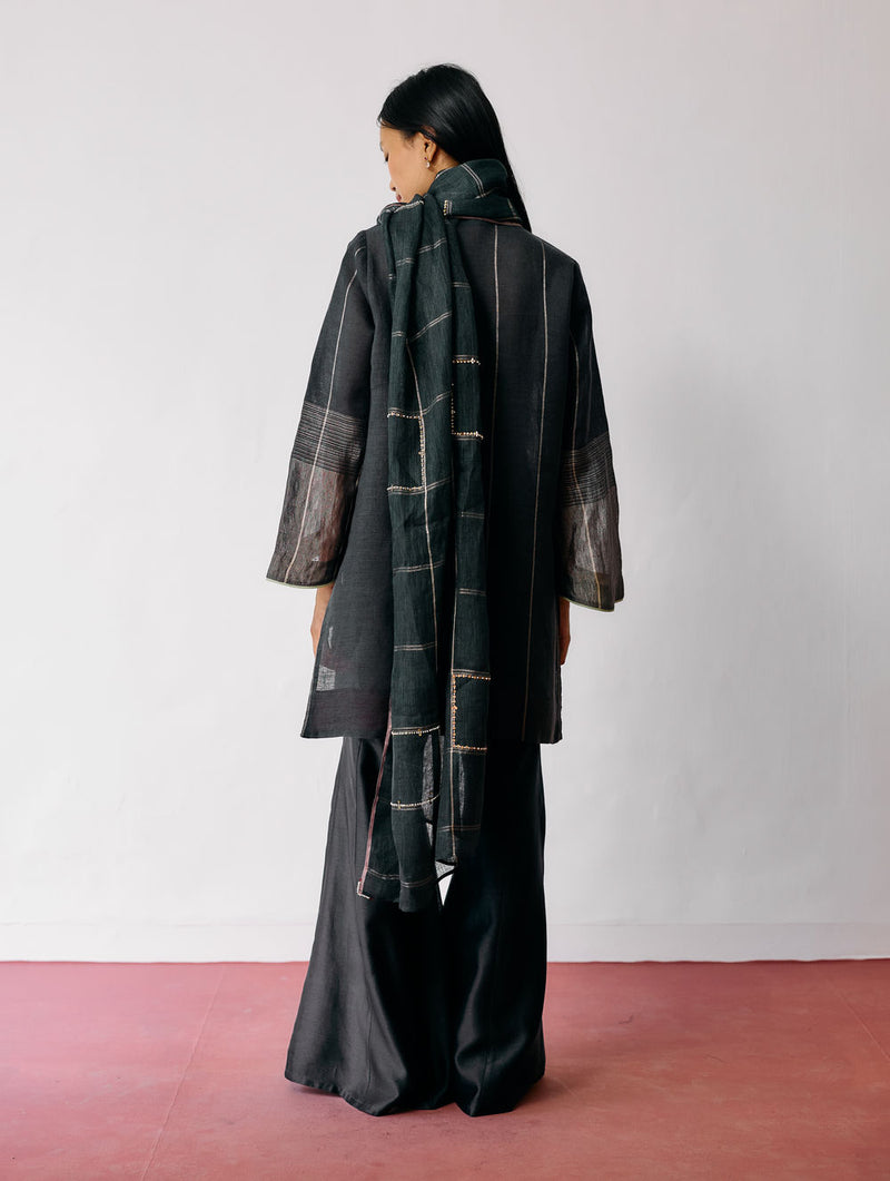 Mora Hand-Embroidered Metallic Linen Dupatta-Charcoal linen dupatta by Manan in black for women Worldwide
