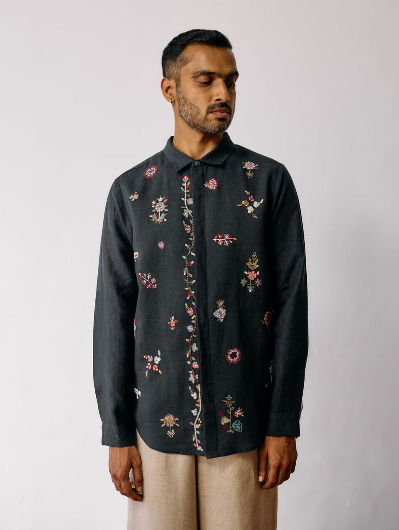 Zai Floral Hand-Embroidered Shirt-Charcoal linen shirt by Manan Men in charcoal for men Worldwide