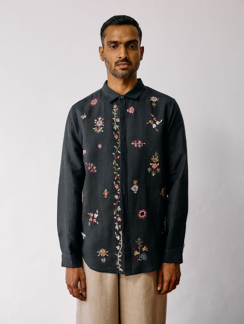 Zai Floral Hand-Embroidered Shirt-Charcoal linen shirt by Manan Men in charcoal for men Worldwide
