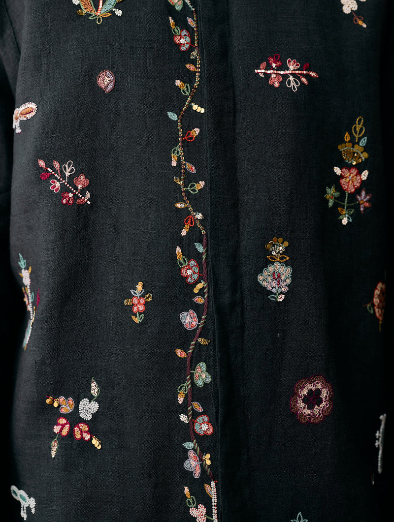 Zai Floral Hand-Embroidered Shirt-Charcoal linen shirt by Manan Men in charcoal for men Worldwide