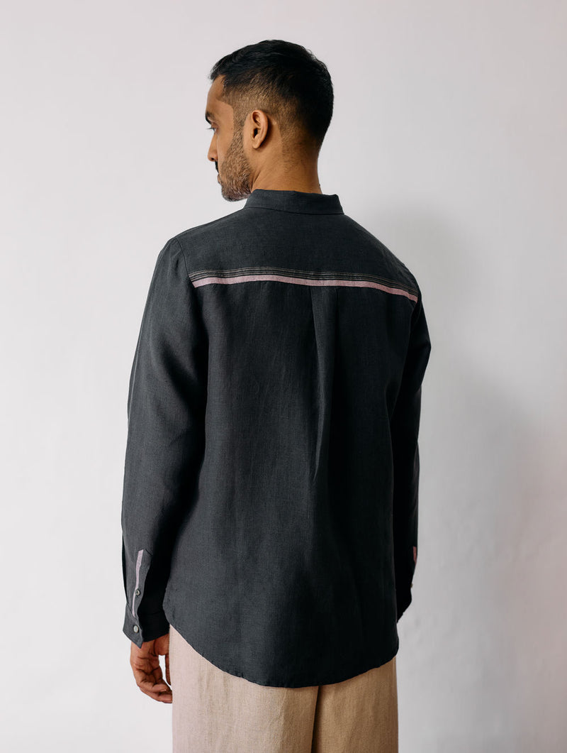 Zai Floral Hand-Embroidered Shirt-Charcoal linen shirt by Manan Men in charcoal for men Worldwide