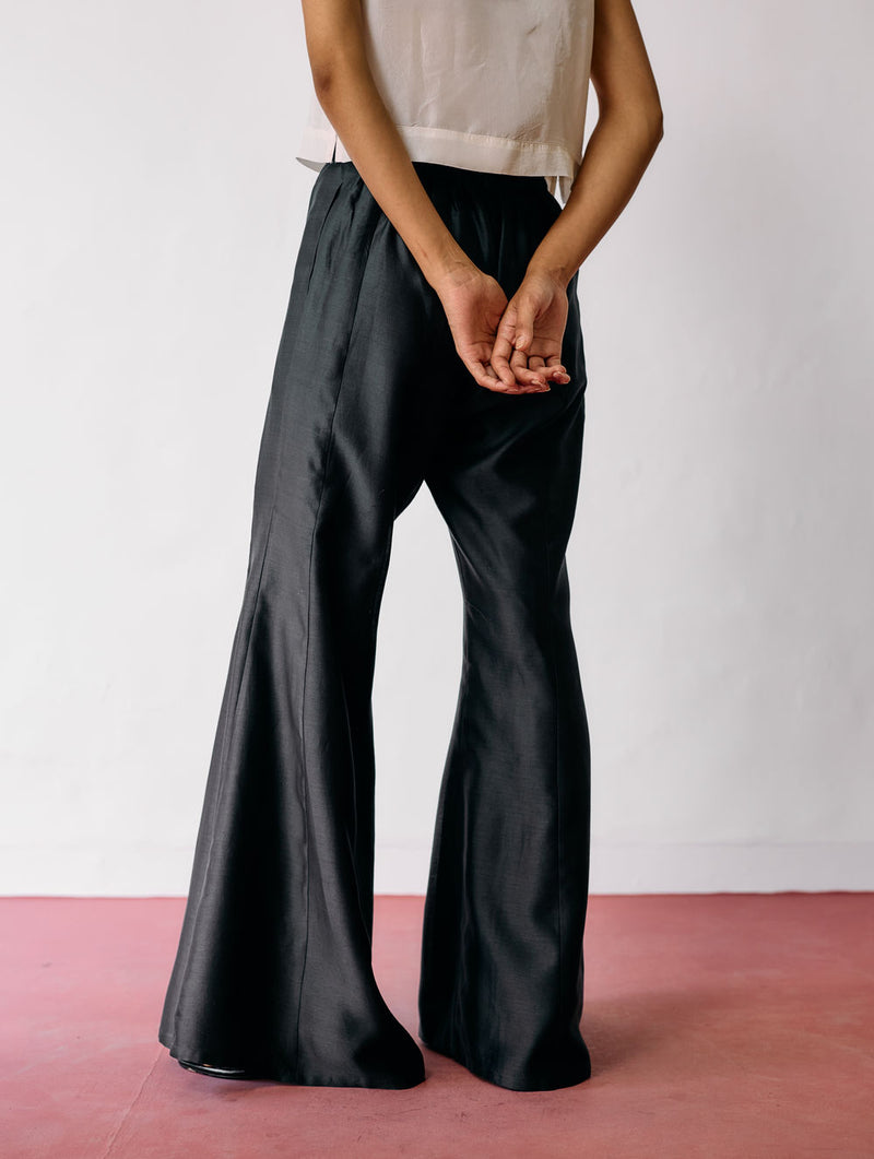 Reva Silk Chanderi Sharara Pants-Charcoal silk chanderi pant/trousers by Manan in black for women Worldwide