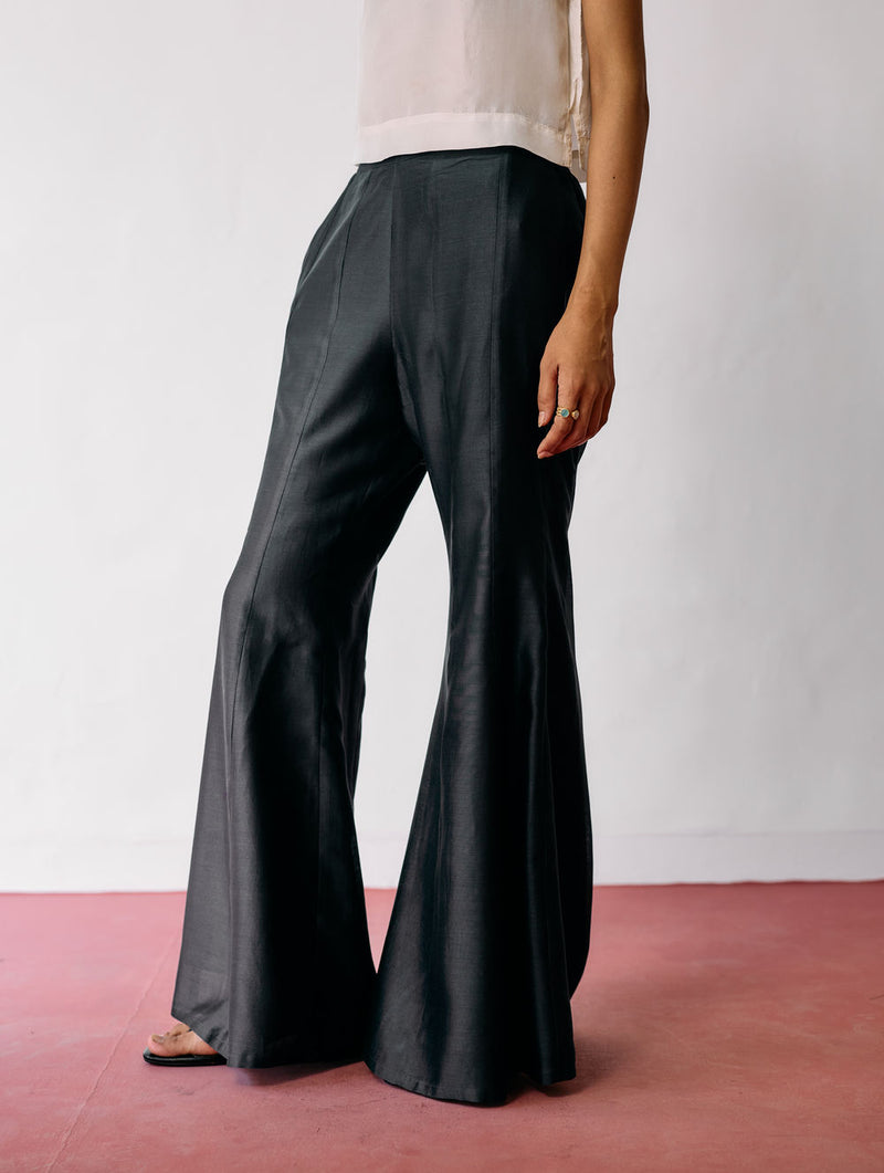 Reva Silk Chanderi Sharara Pants-Charcoal silk chanderi pant/trousers by Manan in black for women Worldwide
