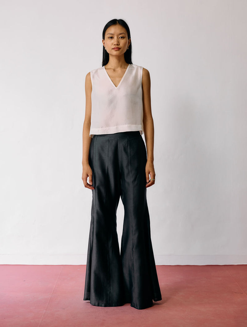 Reva Silk Chanderi Sharara Pants-Charcoal silk chanderi pant/trousers by Manan in black for women Worldwide