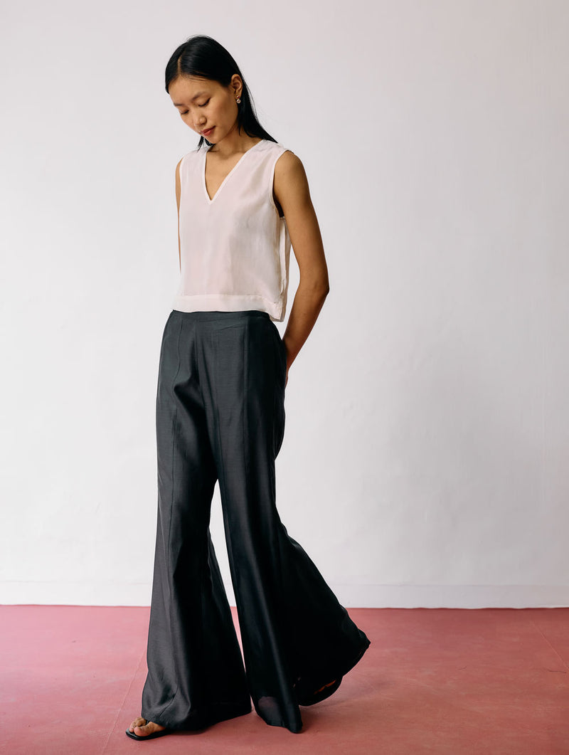 Reva Silk Chanderi Sharara Pants-Charcoal silk chanderi pant/trousers by Manan in black for women Worldwide