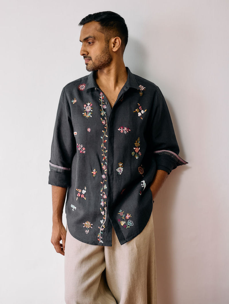 Zai Floral Hand-Embroidered Shirt-Charcoal linen shirt by Manan Men in charcoal for men Worldwide