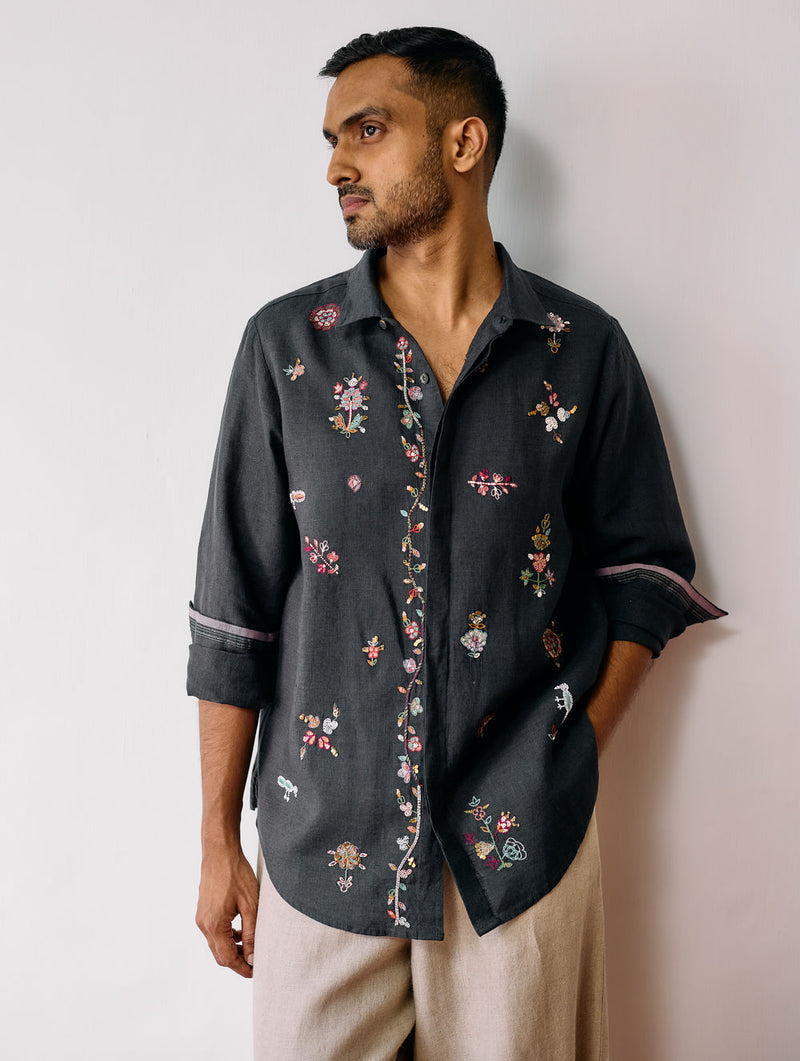 Zai Floral Hand-Embroidered Shirt-Charcoal linen shirt by Manan Men in charcoal for men Worldwide