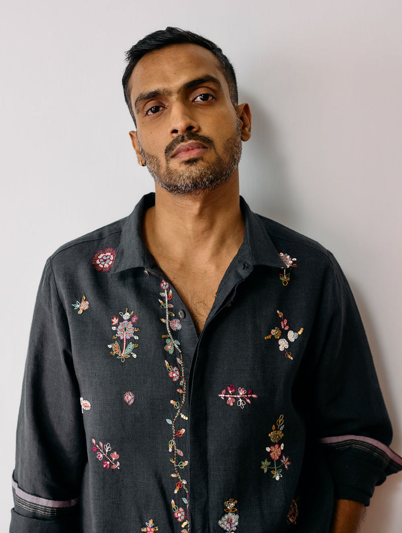 Zai Floral Hand-Embroidered Shirt-Charcoal linen shirt by Manan Men in charcoal for men Worldwide