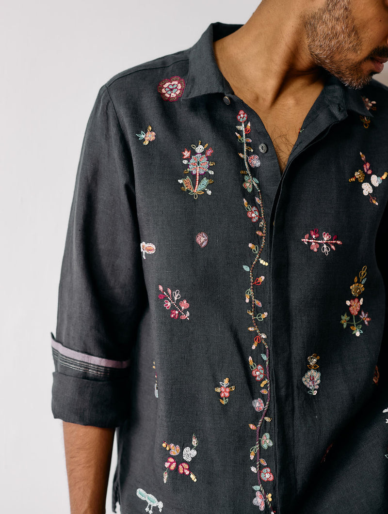 Zai Floral Hand-Embroidered Shirt-Charcoal linen shirt by Manan Men in charcoal for men Worldwide