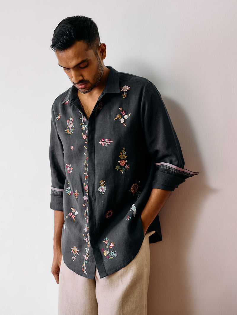 Zai Floral Hand-Embroidered Shirt-Charcoal linen shirt by Manan Men in charcoal for men Worldwide