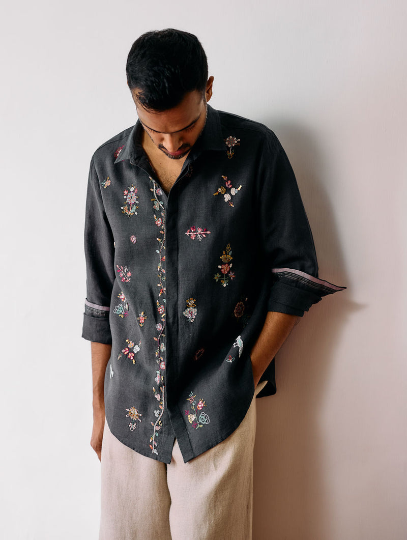 Zai Floral Hand-Embroidered Shirt-Charcoal linen shirt by Manan Men in charcoal for men Worldwide