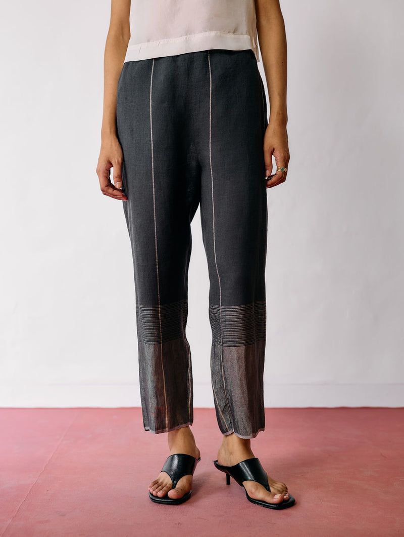 Nila Tapered Metallic Linen Pants-Charcoal linen pant/trousers by Manan in black for women Worldwide