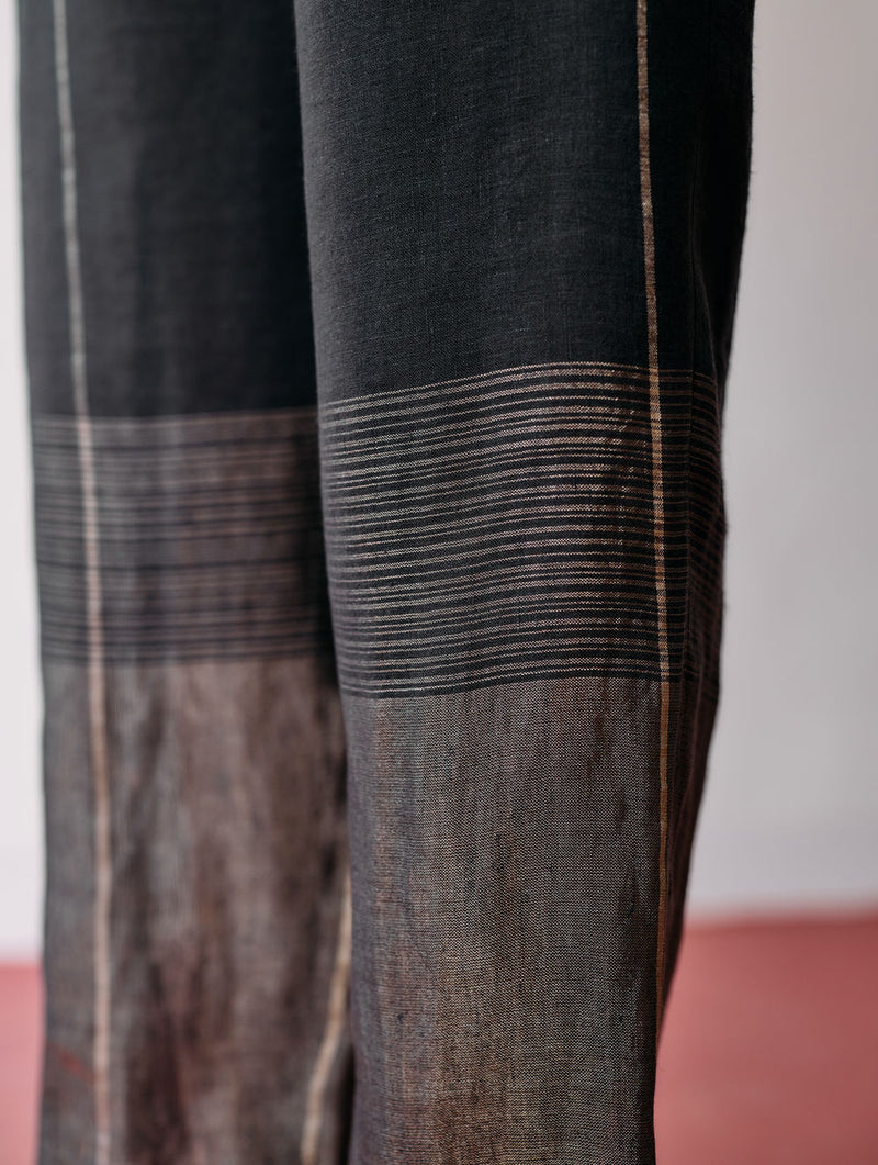 Nila Tapered Metallic Linen Pants-Charcoal linen pant/trousers by Manan in black for women Worldwide