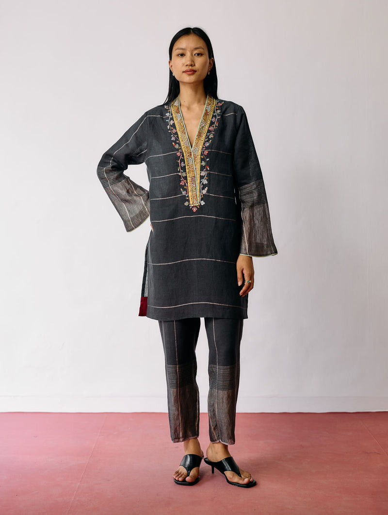 Nila Tapered Metallic Linen Pants-Charcoal linen pant/trousers by Manan in black for women Worldwide