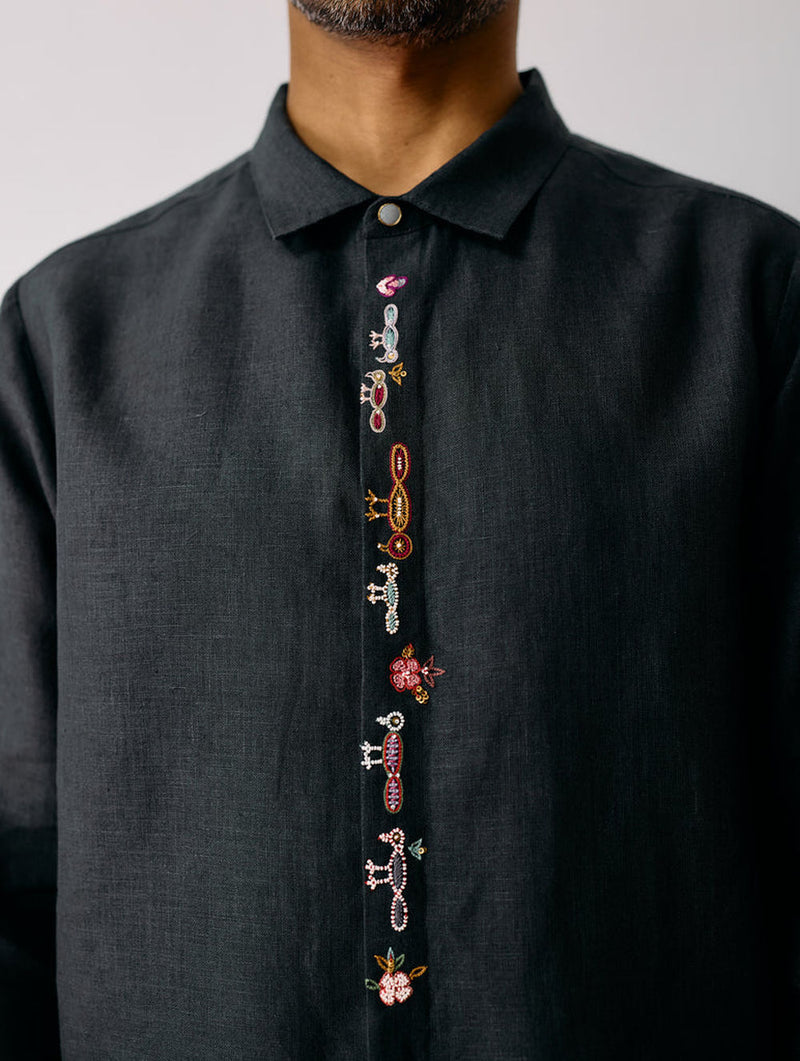 Ved Hand-Embroidered Bird Shirt-Charcoal linen shirt by Manan Men in charcoal for men Worldwide