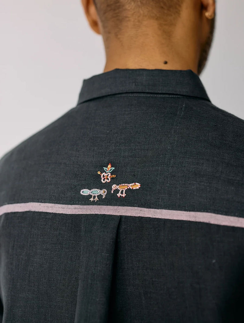 Ved Hand-Embroidered Bird Shirt-Charcoal linen shirt by Manan Men in charcoal for men Worldwide