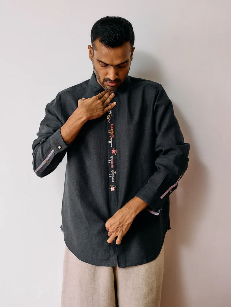 Ved Hand-Embroidered Bird Shirt-Charcoal linen shirt by Manan Men in charcoal for men Worldwide
