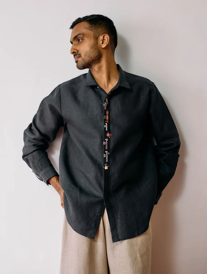 Ved Hand-Embroidered Bird Shirt-Charcoal linen shirt by Manan Men in charcoal for men Worldwide
