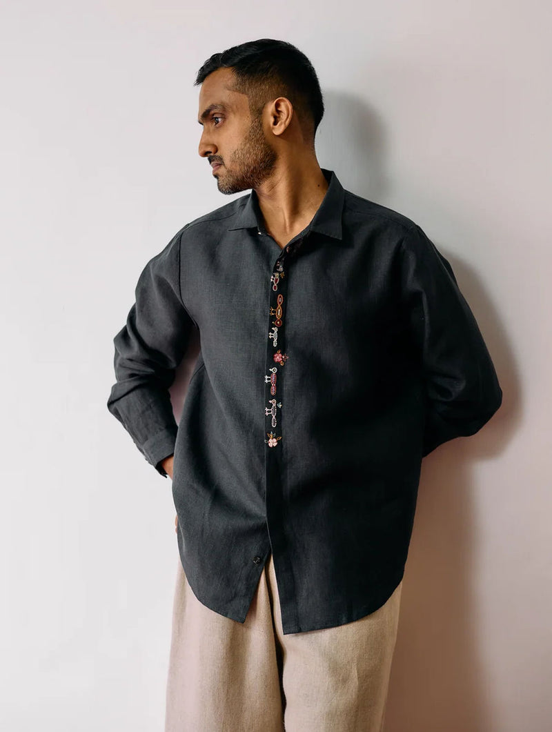 Ved Hand-Embroidered Bird Shirt-Charcoal linen shirt by Manan Men in charcoal for men Worldwide