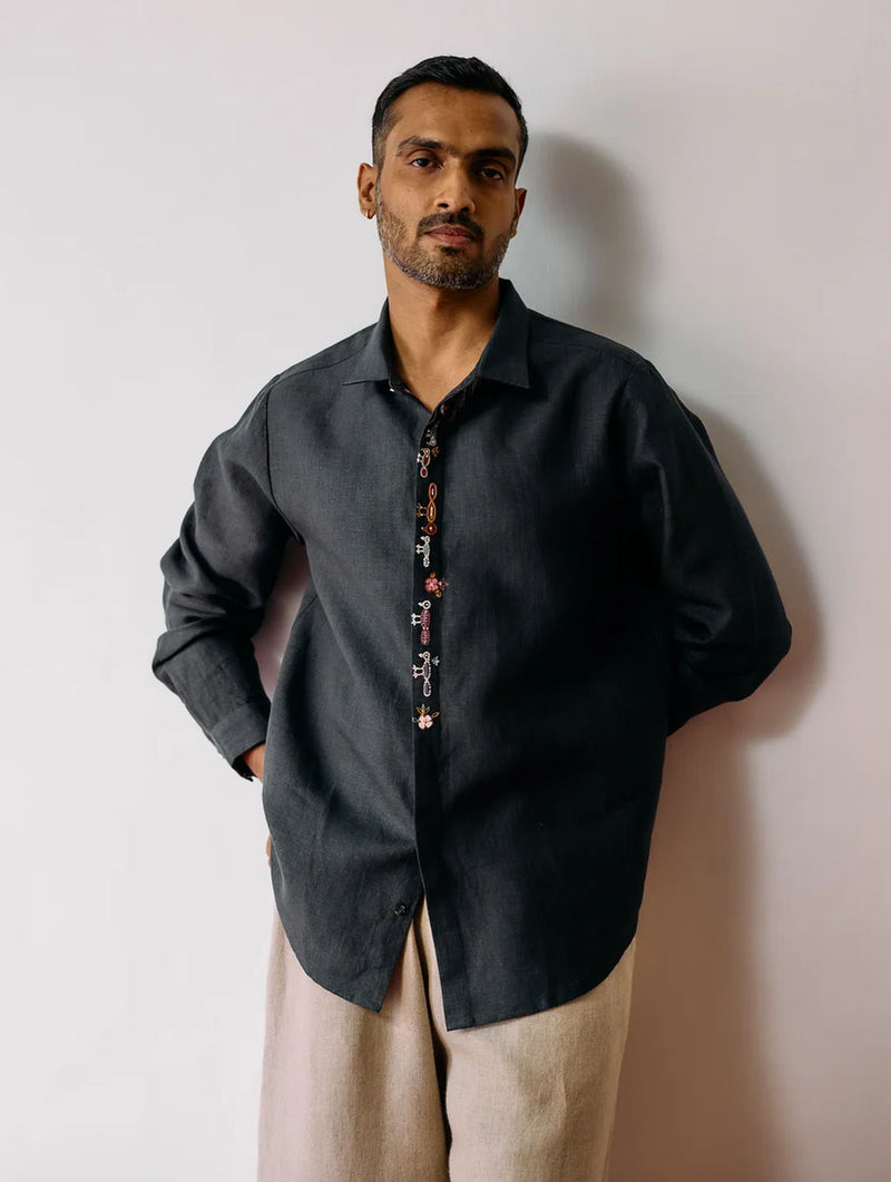 Ved Hand-Embroidered Bird Shirt-Charcoal linen shirt by Manan Men in charcoal for men Worldwide