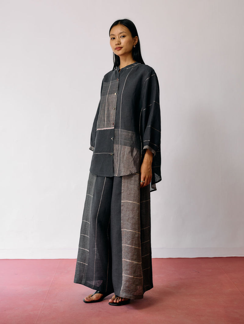Rin Metallic Linen Co-ord-Charcoal linen co-ord set by Manan in black for women Worldwide