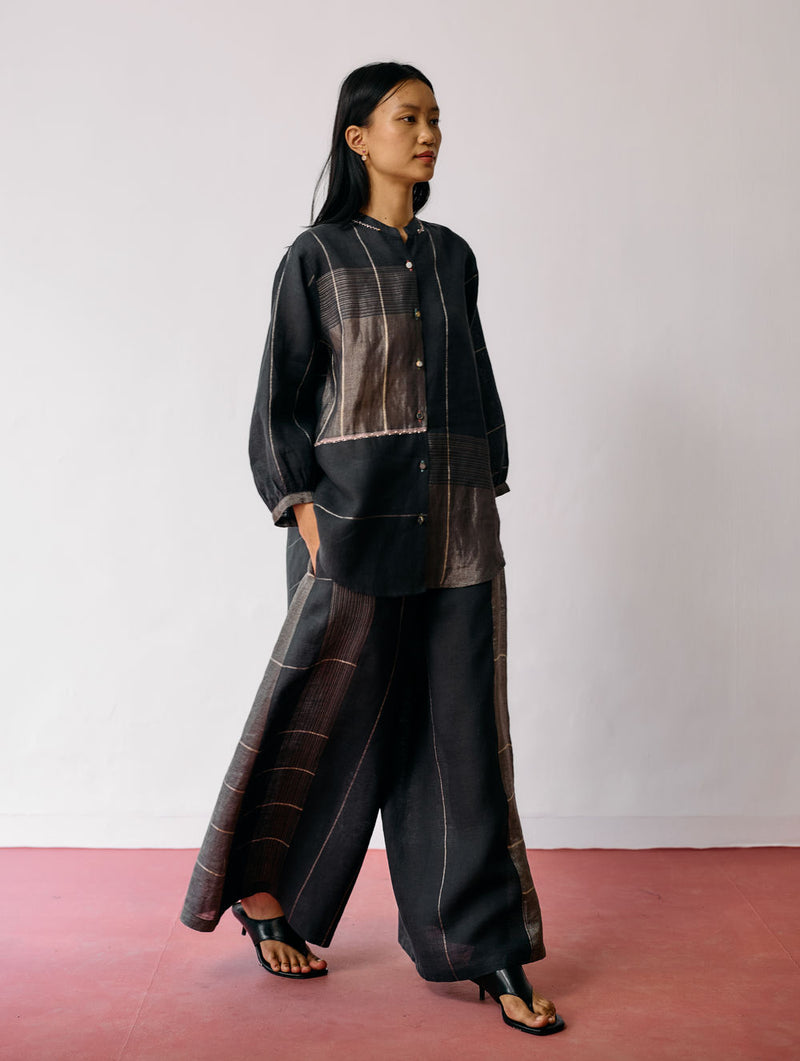 Rin Metallic Linen Co-ord-Charcoal linen co-ord set by Manan in black for women Worldwide