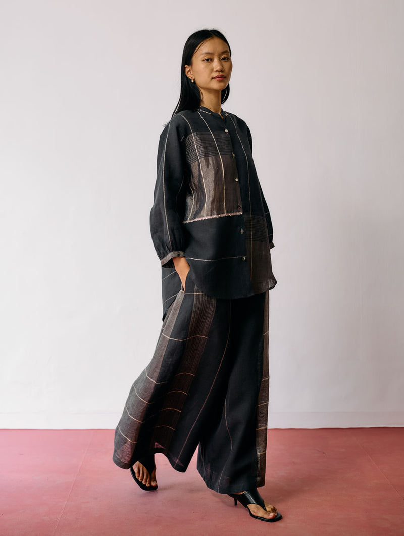 Rin Metallic Linen Co-ord-Charcoal linen co-ord set by Manan in black for women Worldwide