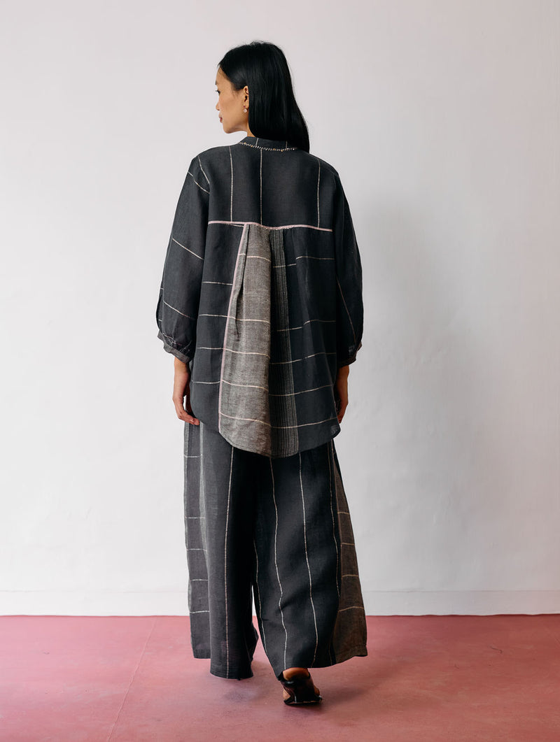 Rin Metallic Linen Co-ord-Charcoal linen co-ord set by Manan in black for women Worldwide