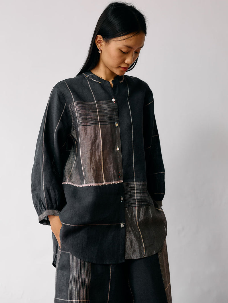 Rin Metallic Linen Shirt-Charcoal linen top/shirt by Manan in black for women Worldwide