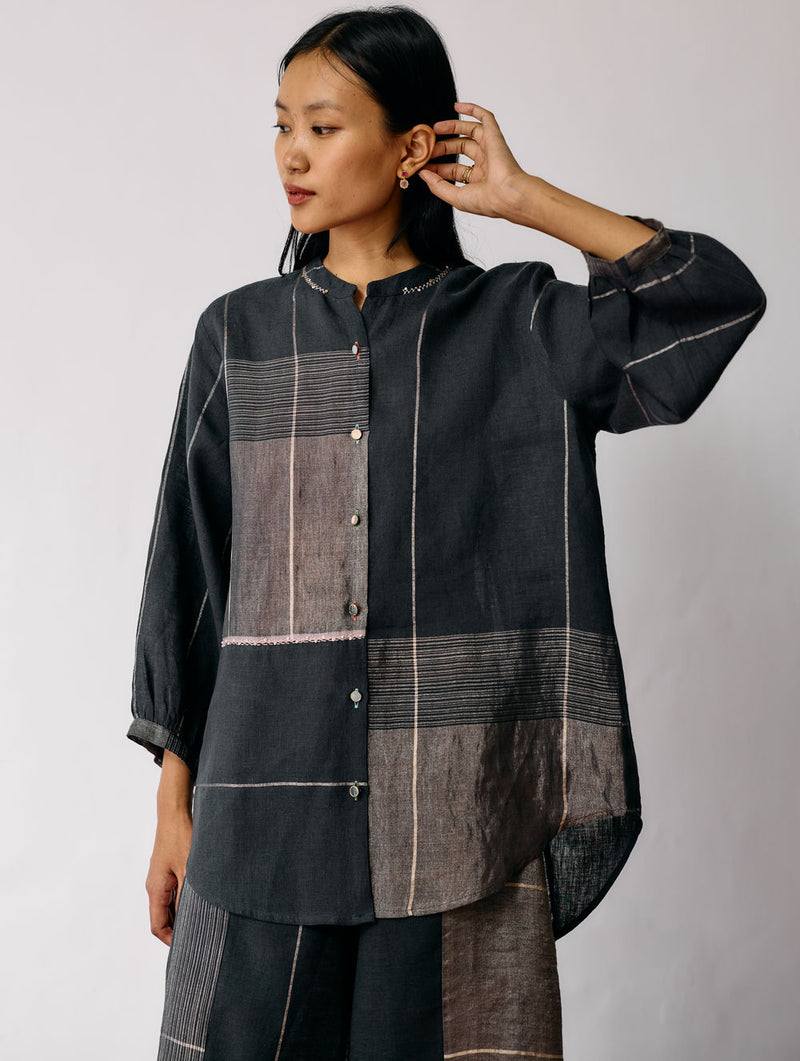 Rin Metallic Linen Co-ord-Charcoal linen co-ord set by Manan in black for women Worldwide