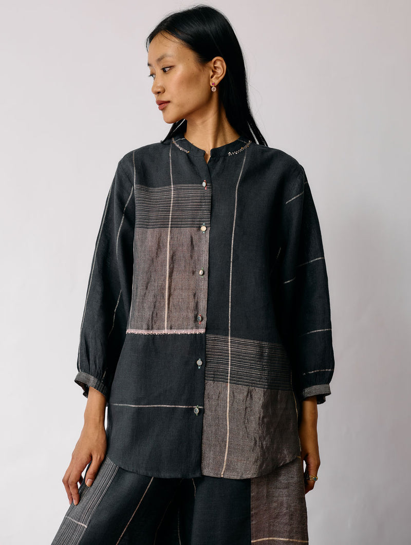 Rin Metallic Linen Shirt-Charcoal linen top/shirt by Manan in black for women Worldwide