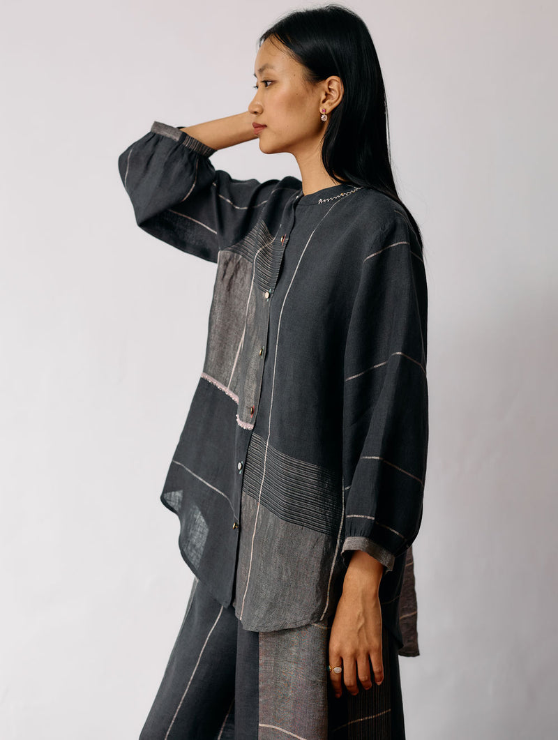 Rin Metallic Linen Shirt-Charcoal linen top/shirt by Manan in black for women Worldwide