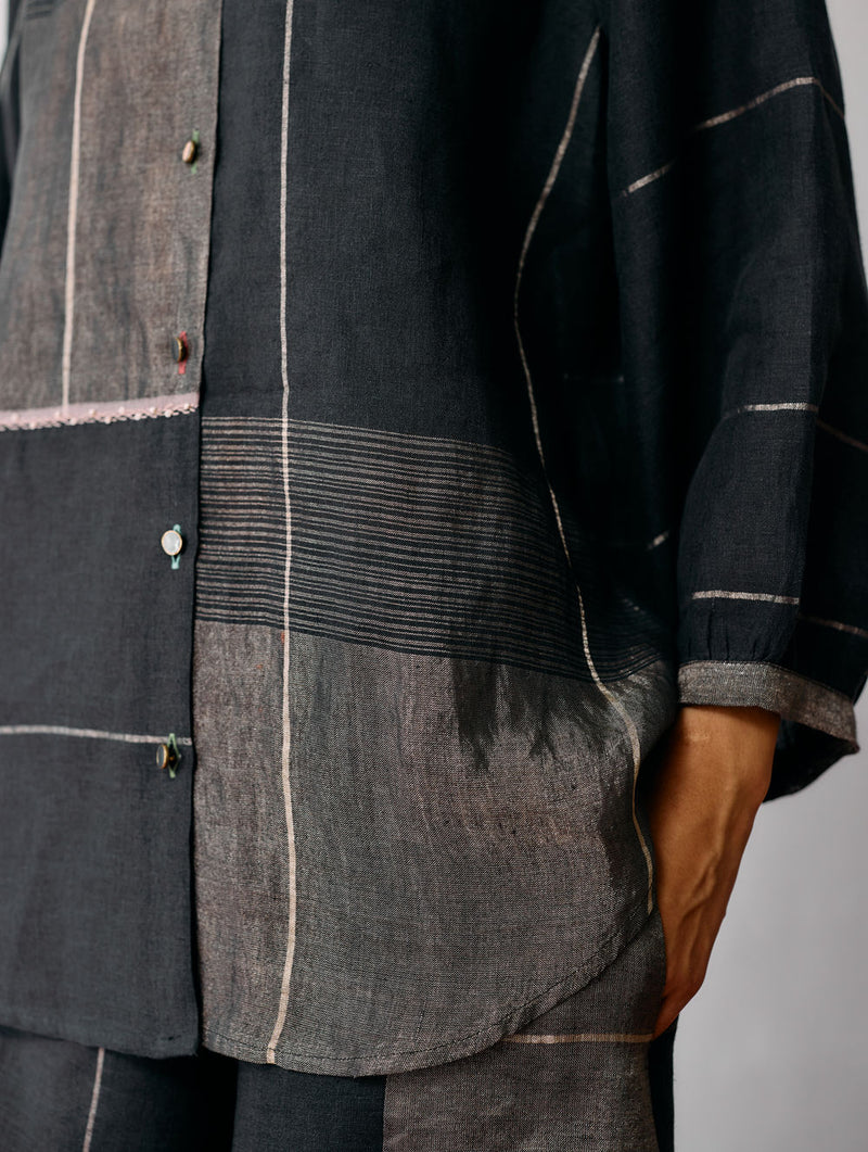 Rin Metallic Linen Co-ord-Charcoal linen co-ord set by Manan in black for women Worldwide