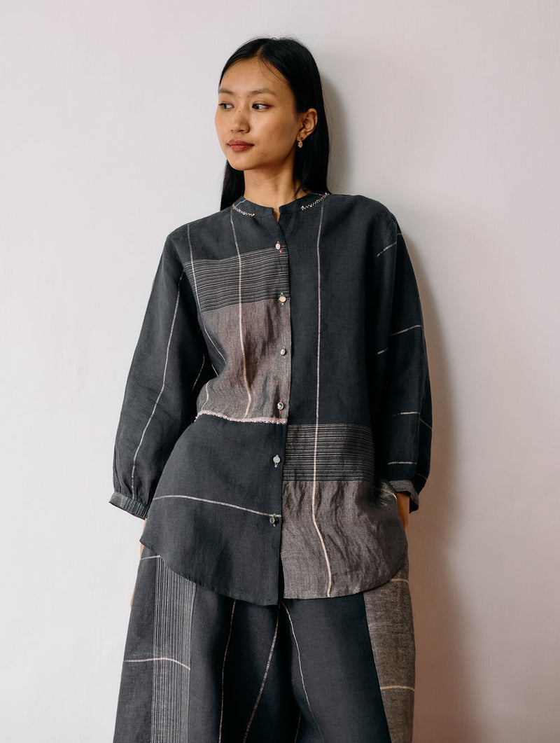 Rin Metallic Linen Shirt-Charcoal linen top/shirt by Manan in black for women Worldwide