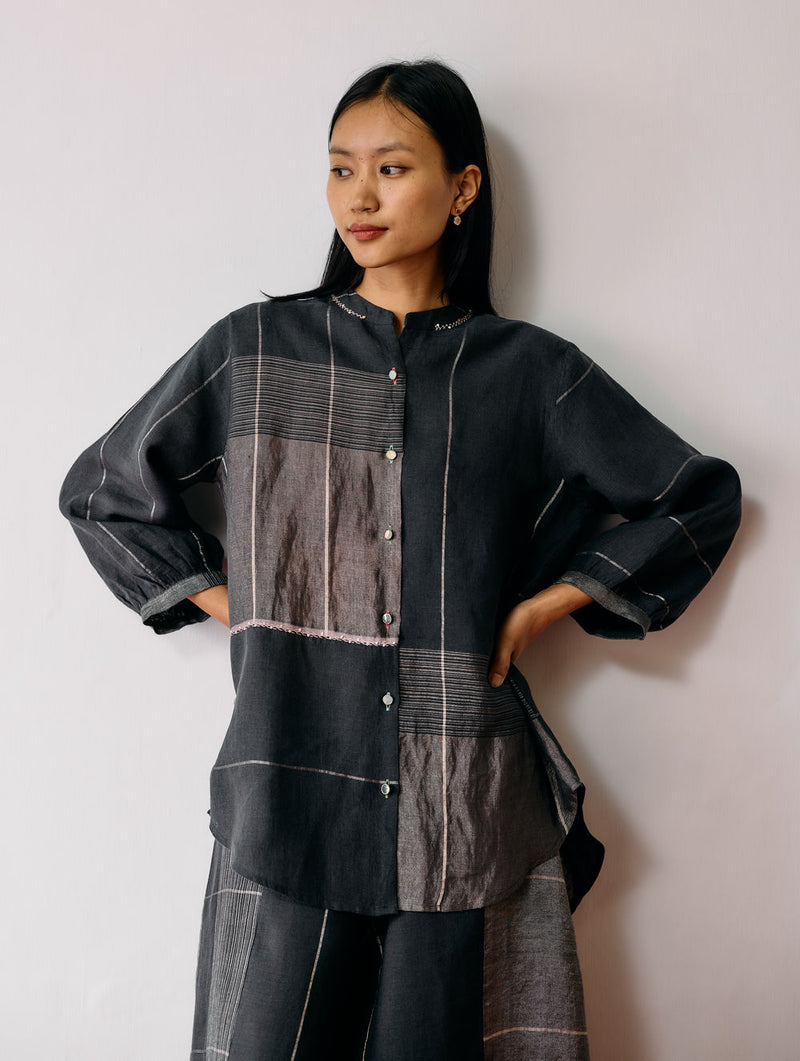 Rin Metallic Linen Shirt-Charcoal linen top/shirt by Manan in black for women Worldwide