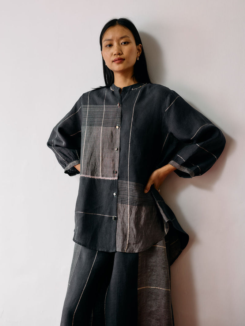 Rin Metallic Linen Shirt-Charcoal linen top/shirt by Manan in black for women Worldwide