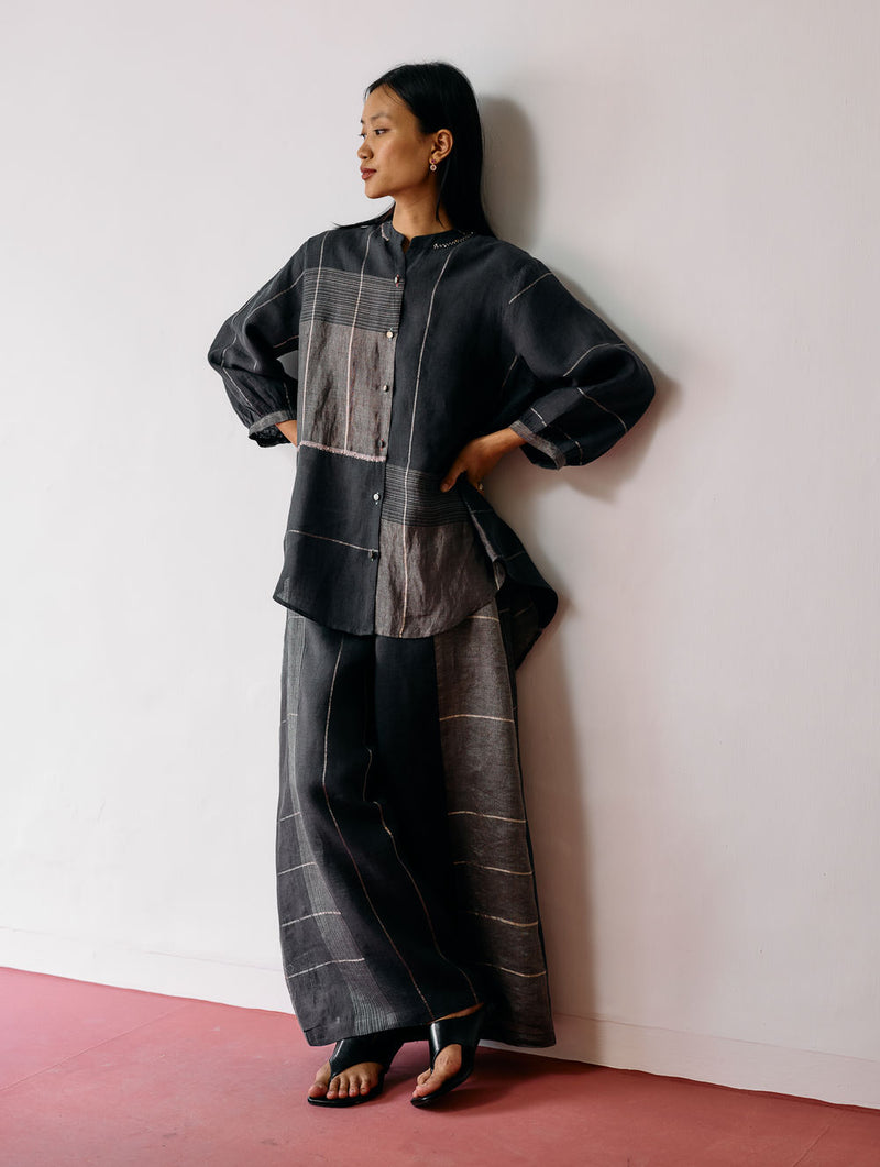 Sera Wide-Leg Metallic Linen Pants-Charcoal linen pant/trousers by Manan in black for women Worldwide