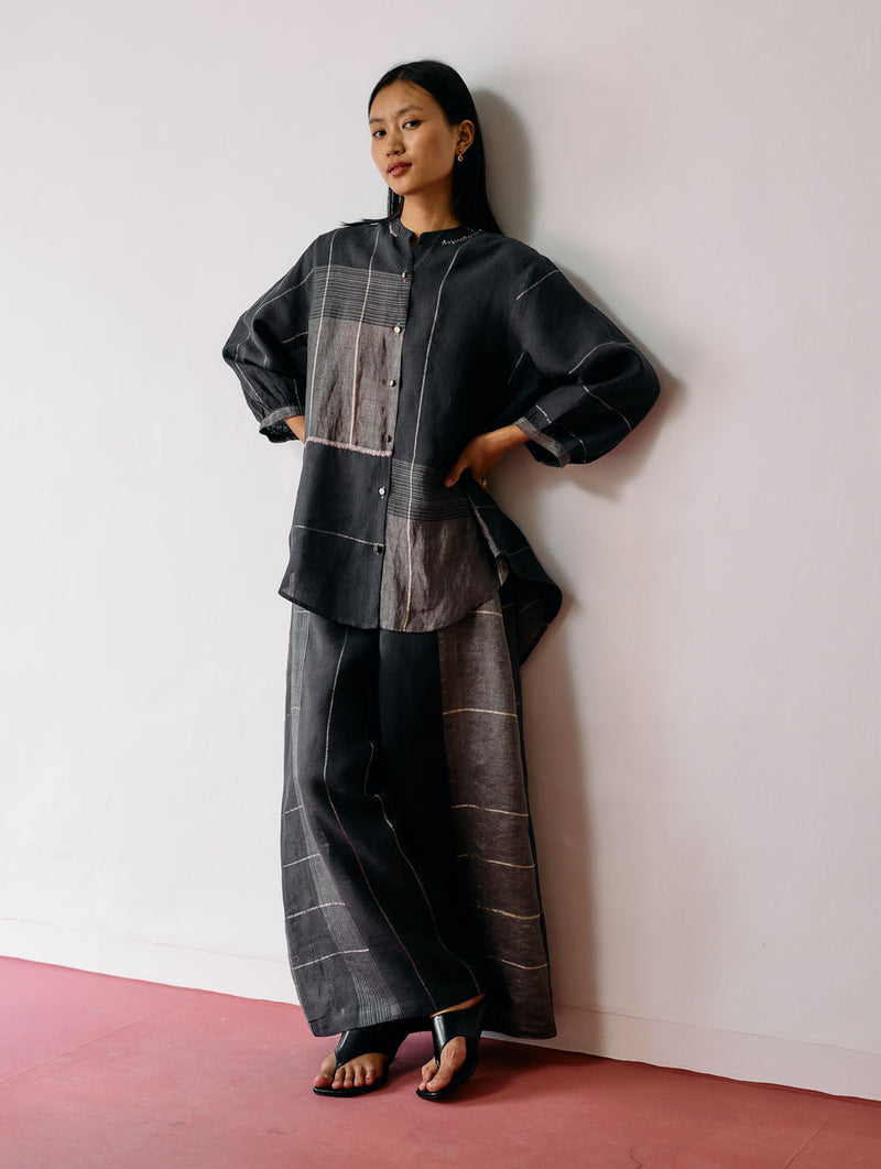 Rin Metallic Linen Co-ord-Charcoal linen co-ord set by Manan in black for women Worldwide
