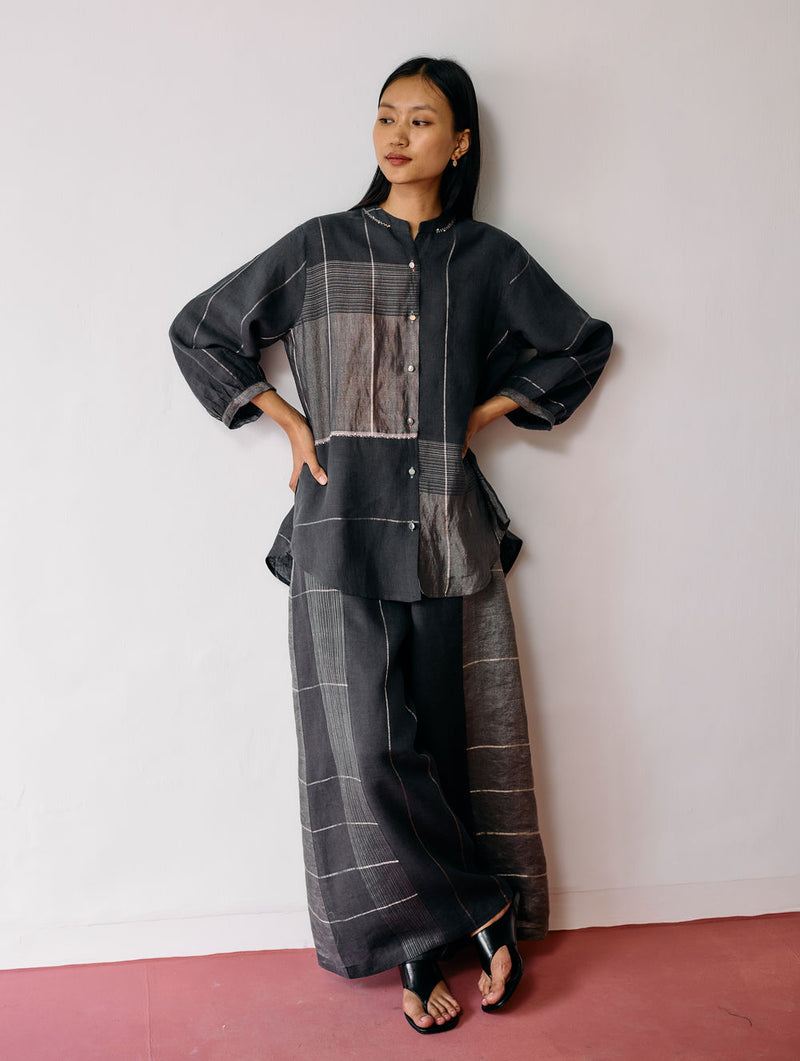 Rin Metallic Linen Co-ord-Charcoal linen co-ord set by Manan in black for women Worldwide