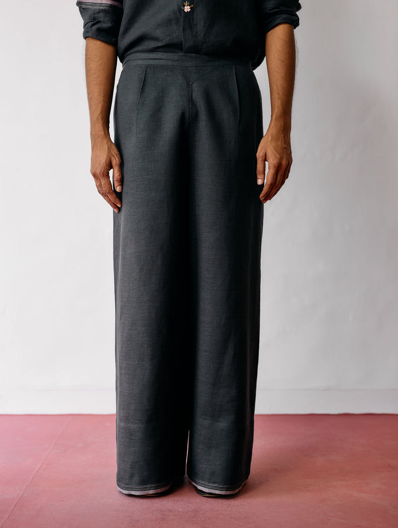 Rin Linen Pants-Charcoal linen pant/trouser by Manan Men in charcoal for men Worldwide
