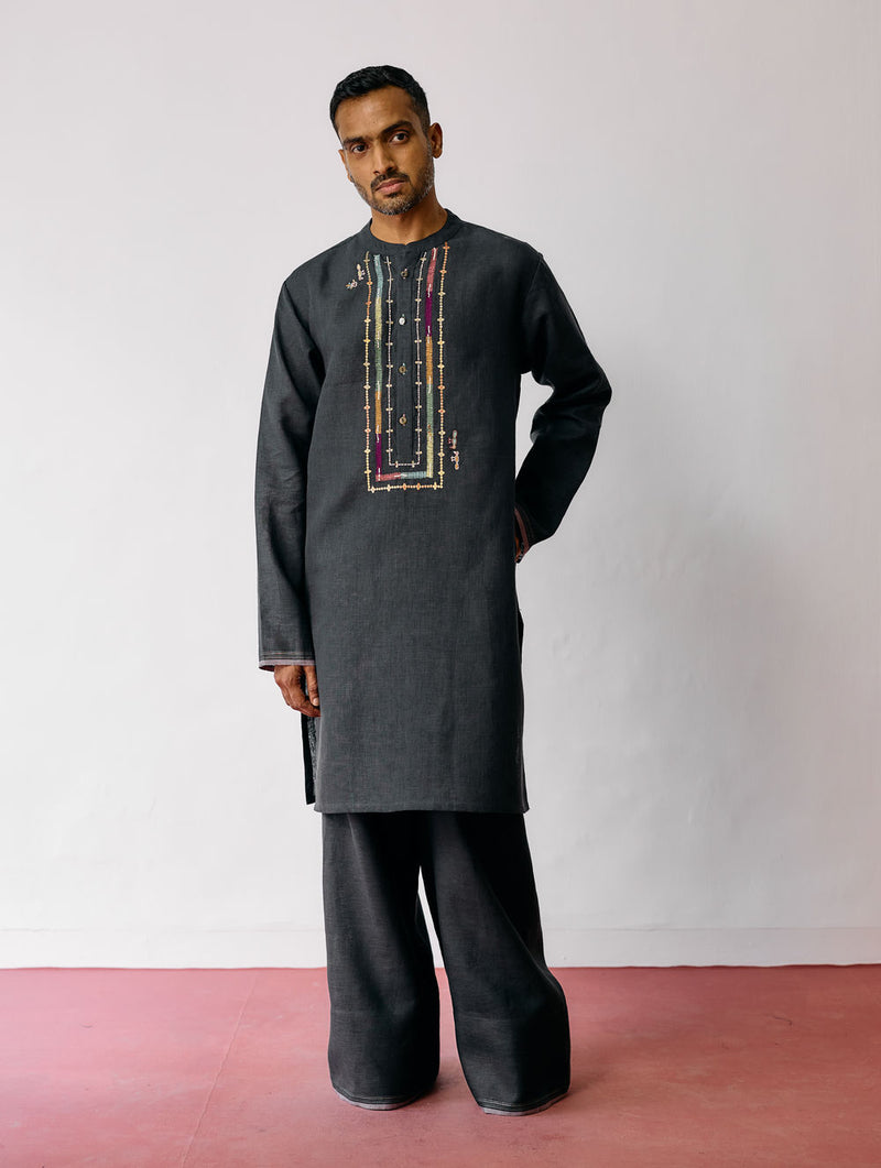 Keta Hand-Embroidered Linen Kurta-Charcoal linen kurta/kurta set by Manan Men in charcoal for men Worldwide
