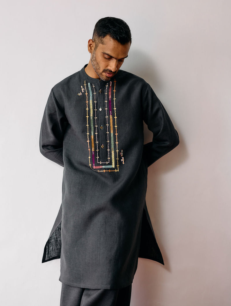 Keta Hand-Embroidered Linen Kurta-Charcoal linen kurta/kurta set by Manan Men in charcoal for men Worldwide