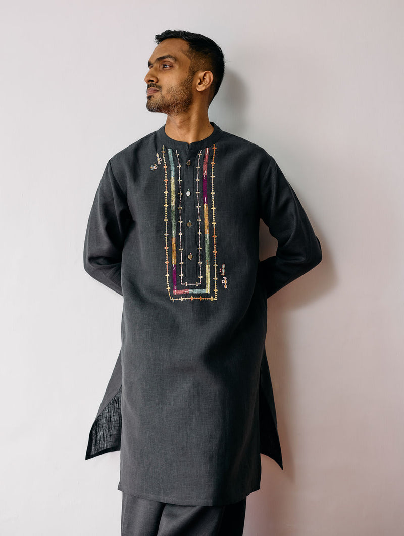 Keta Hand-Embroidered Linen Kurta-Charcoal linen kurta/kurta set by Manan Men in charcoal for men Worldwide