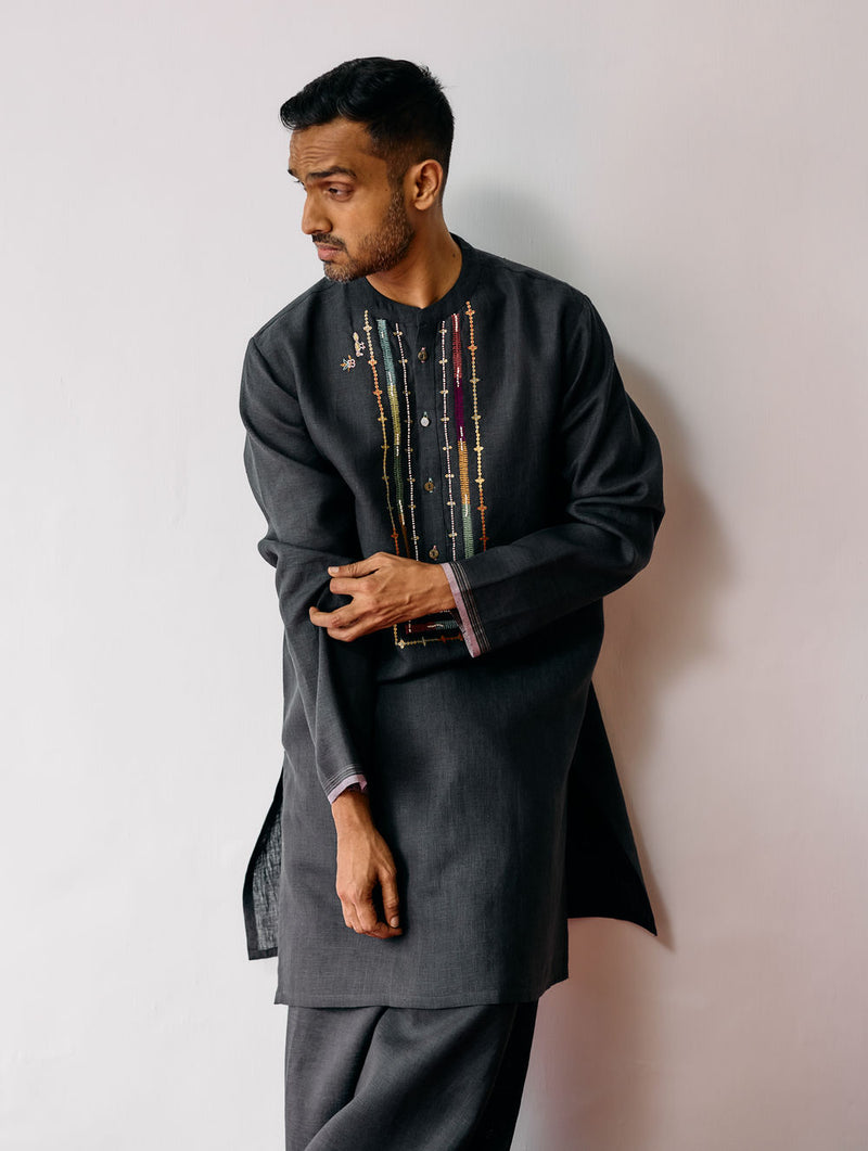 Keta Hand-Embroidered Linen Kurta-Charcoal linen kurta/kurta set by Manan Men in charcoal for men Worldwide