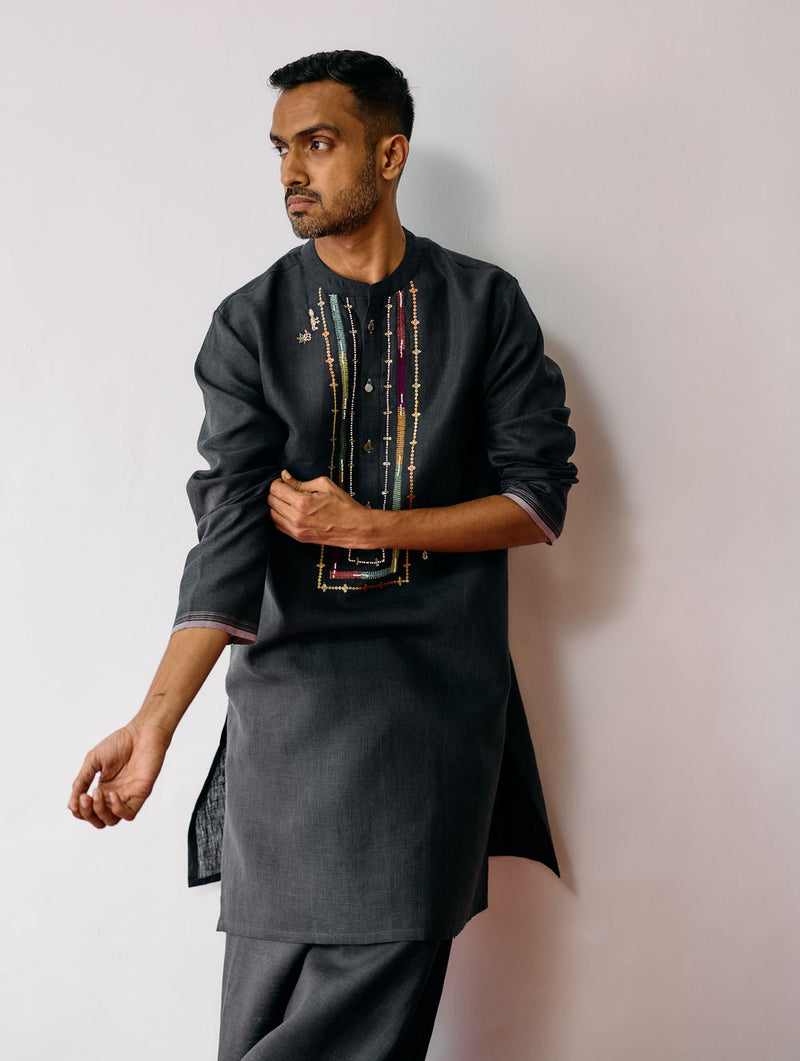 Keta Hand-Embroidered Linen Kurta-Charcoal linen kurta/kurta set by Manan Men in charcoal for men Worldwide